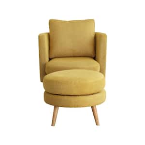 Modern Mustard Yellow Polyester Fabric Upholstered Accent Barrel Chair with Ottoman and Throw Pillow