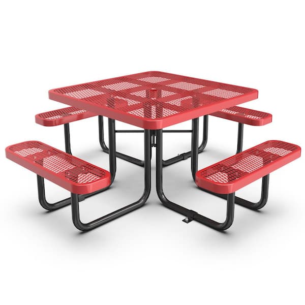 46 in. Red Expanded Metal Square Picnic Table with Umbrella Hole