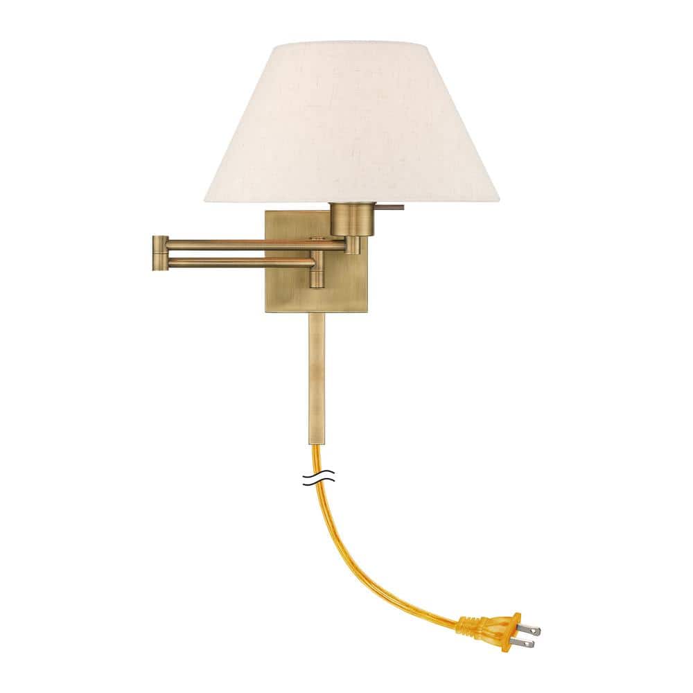 Antique Brass Swing Arm Wall Lamp with Oatmeal Fabric Shade