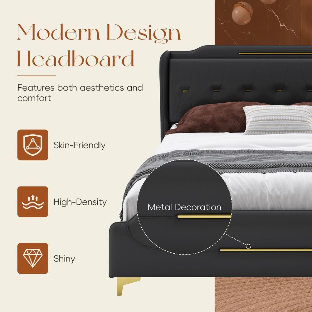Black Faux Leather Queen Bed with Wingback Headboard and Gold Accents