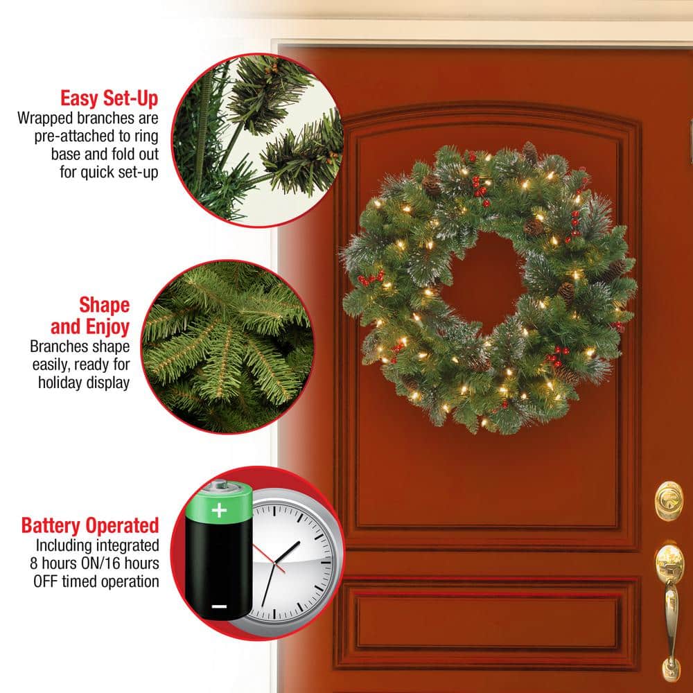 24" Prelit LED Crestwood Spruce Christmas Wreath with Pine Cones