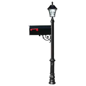 Lewiston Mailbox Collection Post with Economy #1 Mailbox, Ornate Base and Solar Lamp in Black