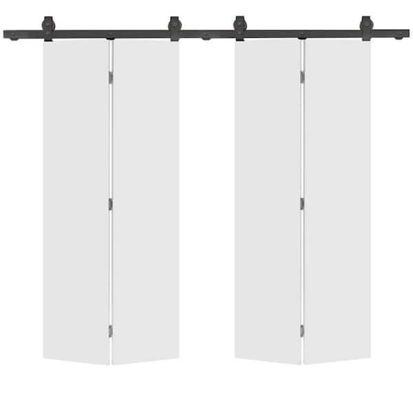 CALHOME 48 in. x 80 in. Primed White Smooth Flush Hardboard Hollow Core Composite Bi-Fold Barn Door with Sliding Hardware Kit