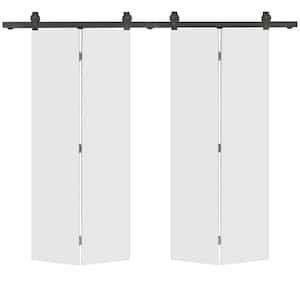 48 in. x 80 in. White Smooth Flush Hardboard Hollow Core Composite Double Bi-Fold Barn Door with Sliding Hardware Kit