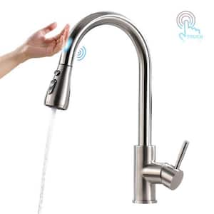 Single Handle Touch on Kitchen Faucet With Pull Down Sprayer One Hole Stainless Steel Gooseneck Tap in Brushed Nickel