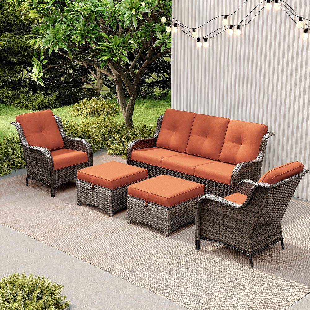5-Piece Patio Conversation Set - Wicker Sofa, Chairs & Ottomans with Orange Cushions price history on PriceWatchPro