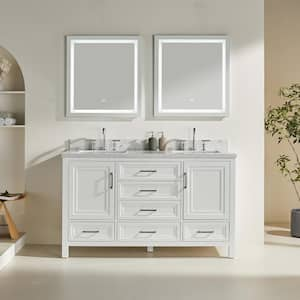 60 in. Soiled Wood Freestanding White Bath Vanity with Carrara Marble Top Assembled