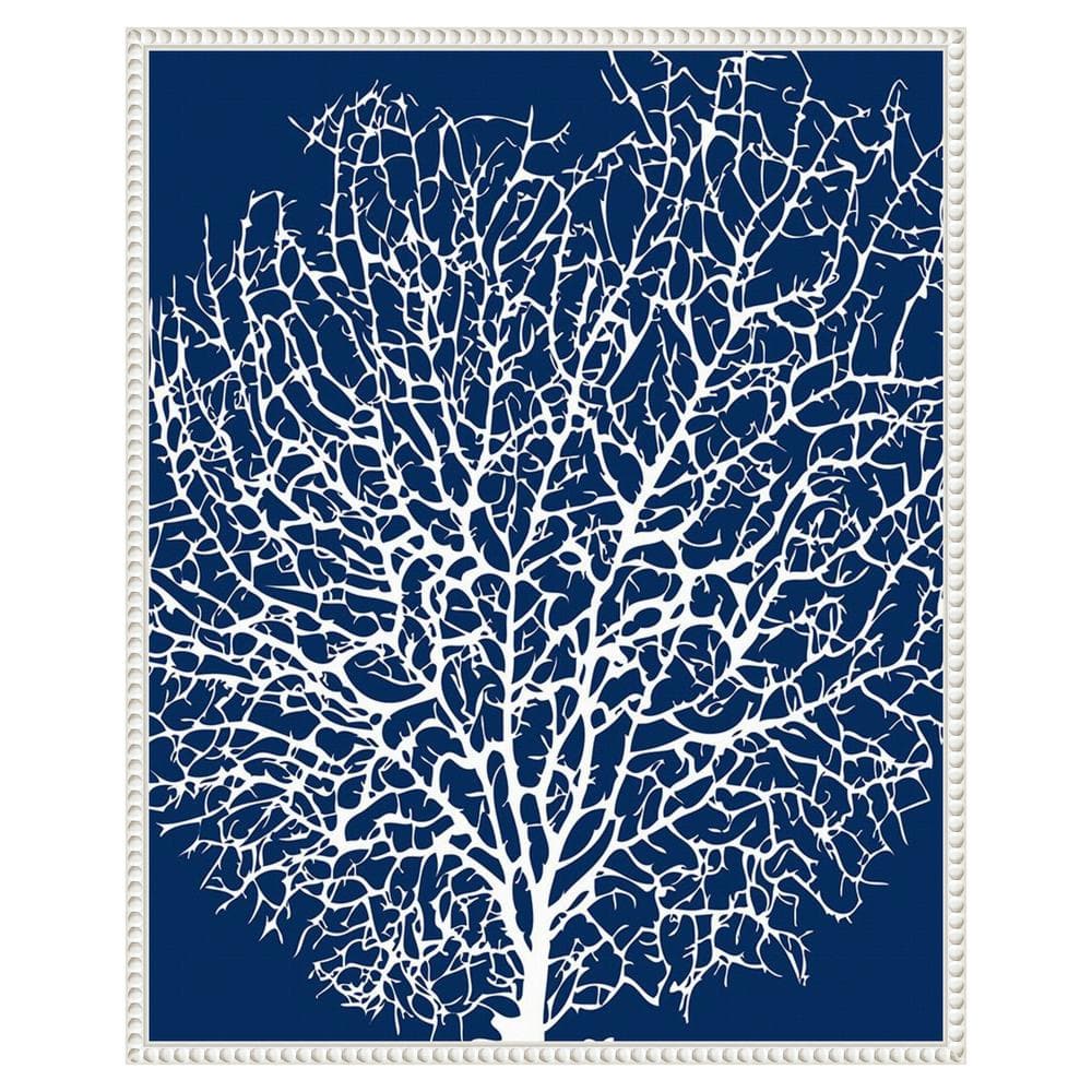 Navy and White Coral Print on Canvas with Beaded Frame