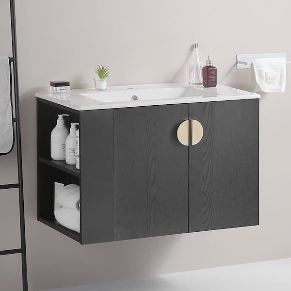 ANGELES HOME 30.01 in. W x 18.3 in. D x 19.6 in. H Floating Bath Vanity in Black with White Ceramic Top and Left Open Storage Shelf
