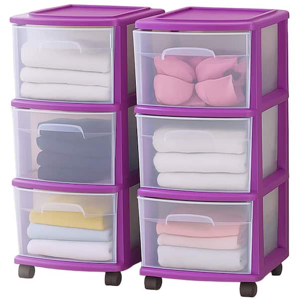 3 Drawer Plastic Medium Storage Container Tower, Purple Frame (2 Pack)