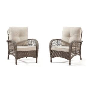 2--Piece Brown Wicker Outdoor Lounge Chair with Beige Cushions