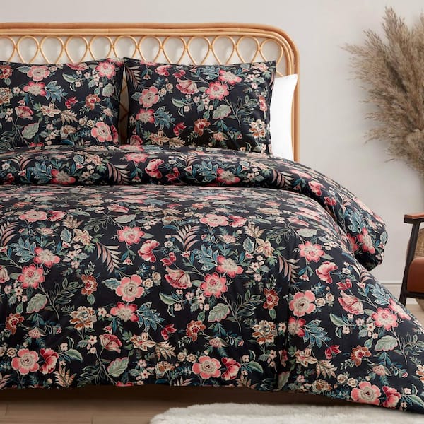 Arcadian Blooms Velvet 2-Piece Black Floral Polyester Twin/Twin XL Duvet Cover Set
