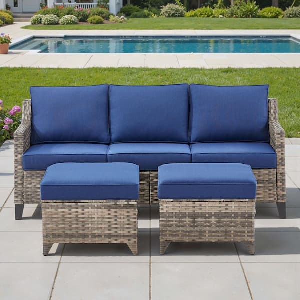 GlideRail 3-Seat Gray Wicker Outdoor Couch with 4 In. Olefin Blue Cushions Patio Lounge Furniture (3-Piece)