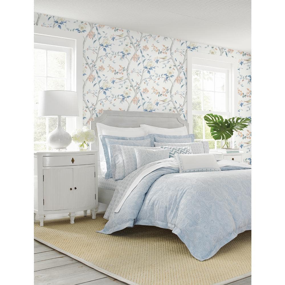 Melon and Carolina Blue Floral Trail Peel and Stick Wallpaper