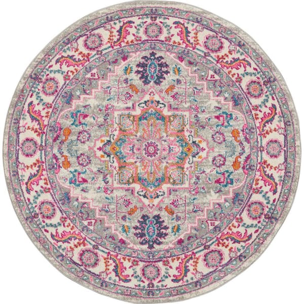 Nourison Passion Light Grey Pink 4 ft. x 4 ft. Persian Medallion Transitional Round Area Rug