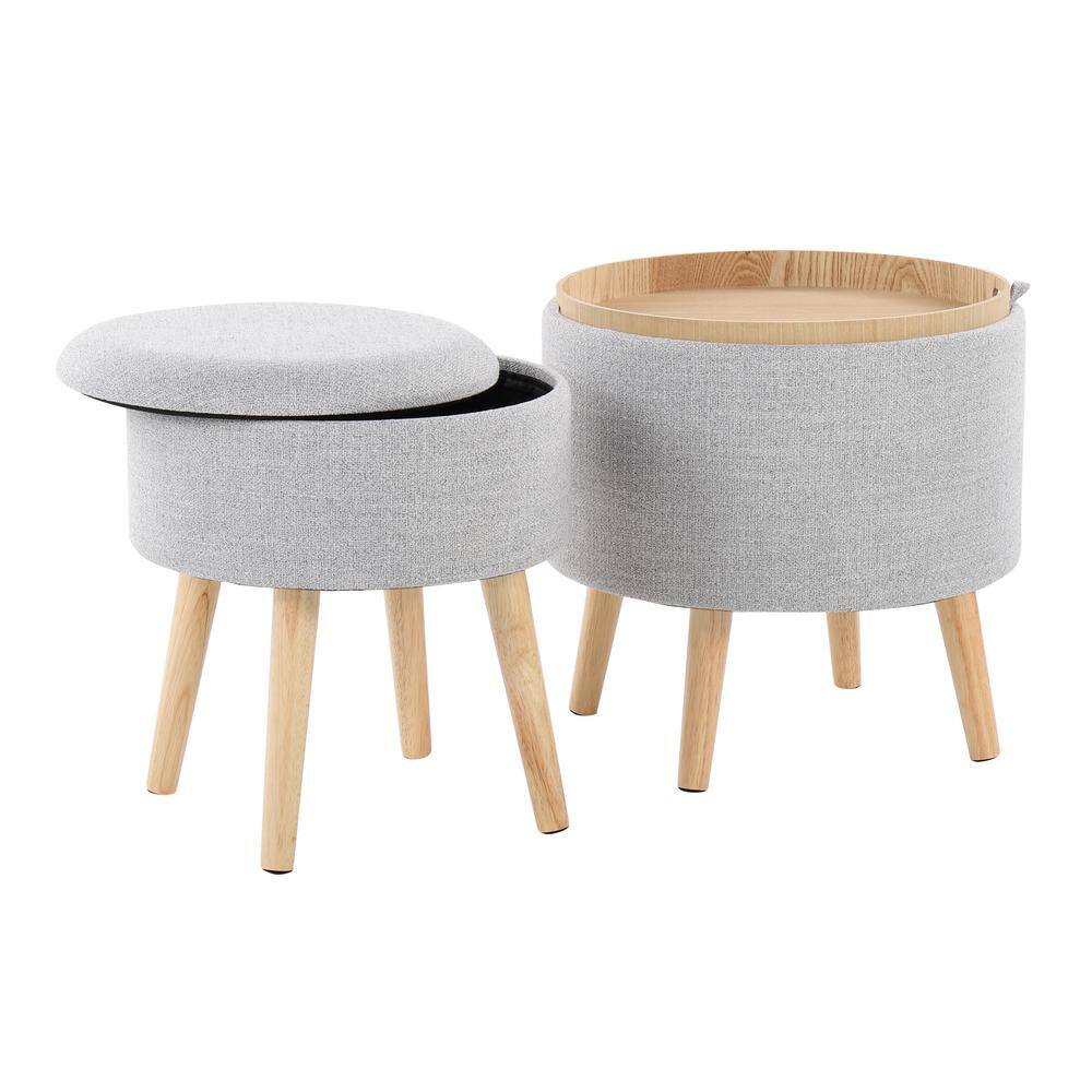 Natural Wood and Light Grey Fabric Round Tray Storage Ottoman Set