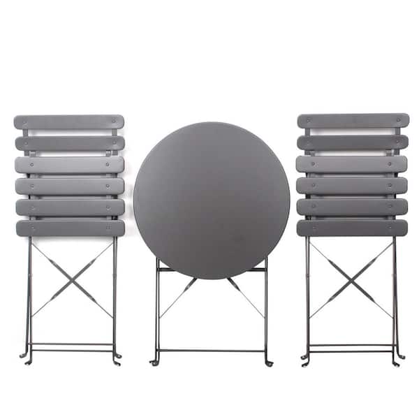 Gray 3-Piece Folding Metal Outdoor Bistro Balcony Chair Table Set with 2-White Cushions