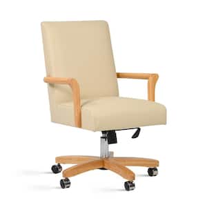Dumont Cream Beige Leather and Natural Wood Modern Farmhouse High Back Leather Executive Home Office Chair