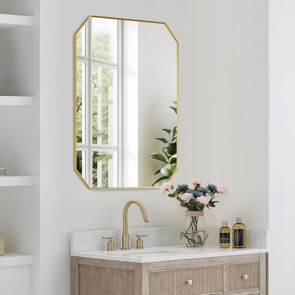 Allure 36 in.W x 30 in.H Octagon Aluminum Framed Wall Mounted Bathroom Vanity Mirror in Brushed Gold