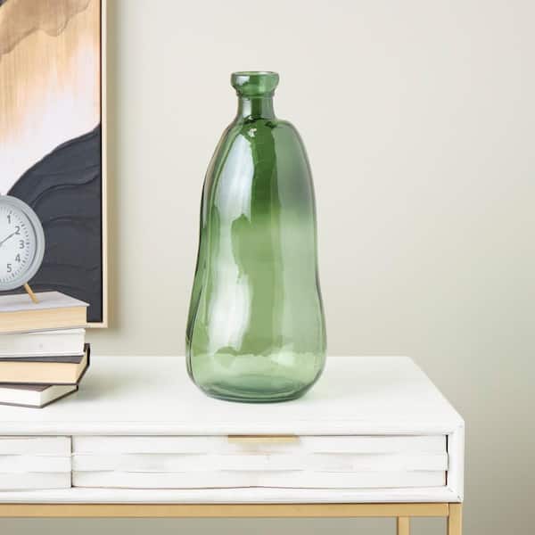 Litton Lane Green Handmade Curved Ombre Spanish Bottle Recycled Glass Abstract Decorative Vase