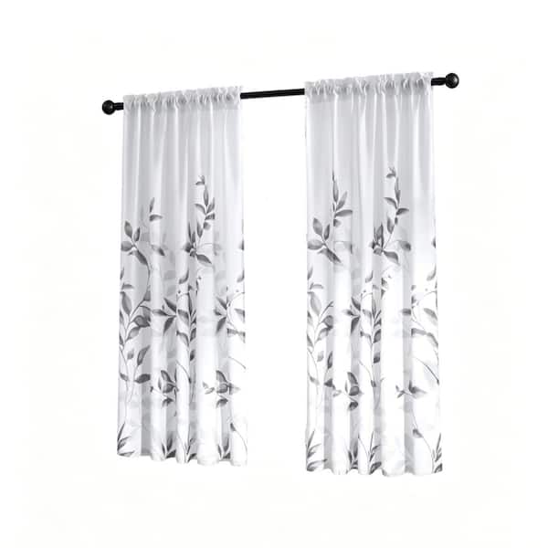 52 X 63 Inch Semi Sheer Curtains 2 Panels,Leaf Floral Printed Light Filtering Drapes for Bedroom,Grey