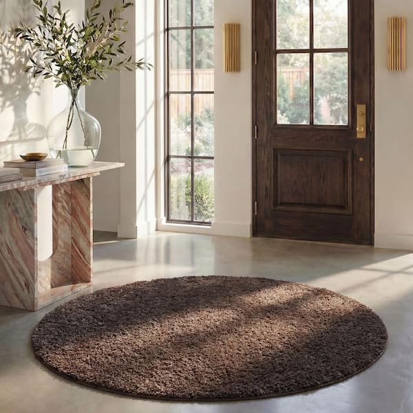 August Shag Brown 7 ft. x 7 ft. Round Solid Area Rug