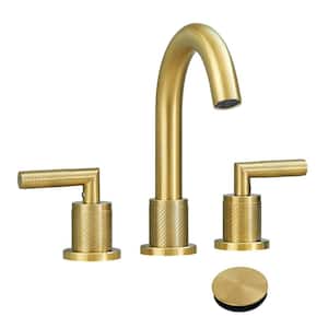 8 in. Widespread Double Handled High Arc Bathroom Faucet with Pop Up Drain and Water Supply Hoses in Brushed Gold