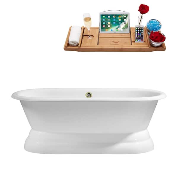 Streamline 66 in. Cast Iron Flatbottom Non-Whirlpool Bathtub in Glossy White with Brushed Nickel External Drain and Tray