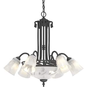 8-Light Antique Iron Bowl Chandelier with Frosted Floral Glass Shades