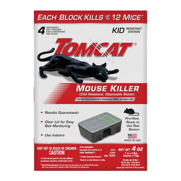 TOMCAT Mouse Killer Child Resistant, Disposable Station, 4 Pre-Filled Ready-To-Use Animal Bait Stations