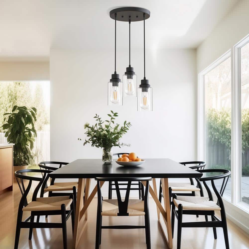 Modern Black Metal 3-Light Pendant with Clear Glass Shades