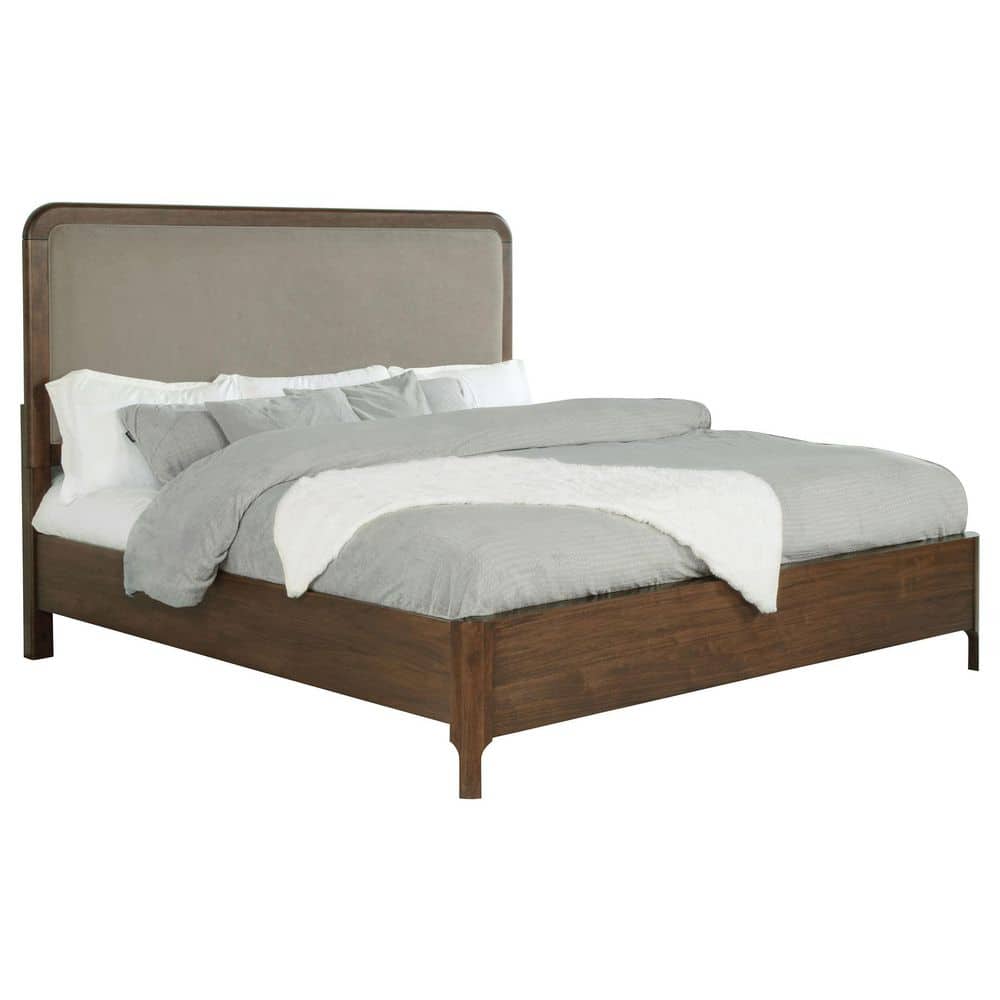 Maderia Walnut and Taupe Wood Frame Eastern King Platform Bed with Upholstered Headboard price history on PriceWatchPro