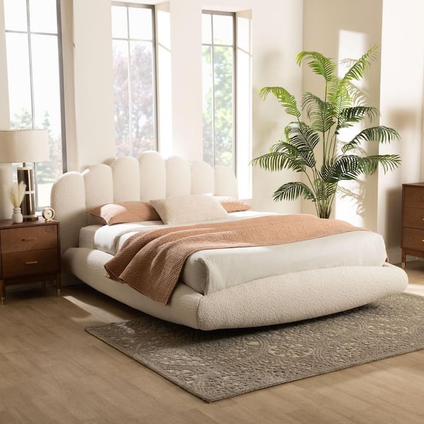 Grenier White Boucle and Wood Frame Queen Floating Platform Bed
