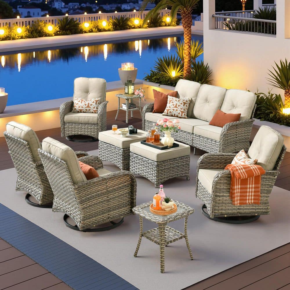 Gerbera F 9-Piece Outdoor Wicker Patio Conversation Set with Swivel Rocking Chairs and Beige Cushions price history on PriceWatchPro
