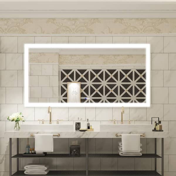 ANGELES HOME 72 in. W x 36 in. H Large Rectangular Metal Framed Anti-Fog Dimmable Wall Bathroom Vanity Mirror in Silver