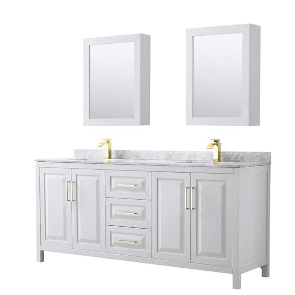 Wyndham Collection Daria 80 in. W x 22 in. D x 35.75 in. H Double Sink Bath Vanity in White with White Carr. Marble Top and MedCab Mirrors