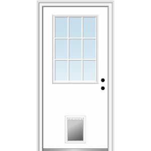 30 in. x 80 in. Classic Left-Hand Inswing 1/2-Lite Clear Primed Fiberglass Smooth Prehung Front Door with Pet Door