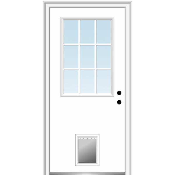 MMI Door 30 in. x 80 in. Classic Left-Hand Inswing 1/2-Lite Clear Primed Fiberglass Smooth Prehung Front Door with Pet Door