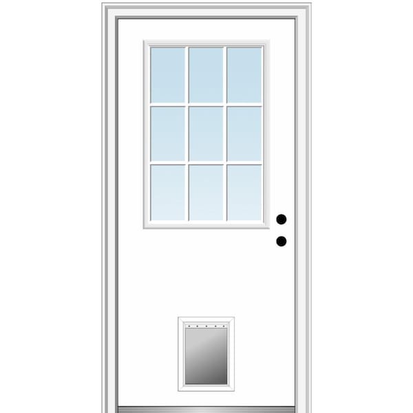 MMI Door 32 in. x 80 in. Classic Left-Hand Inswing 1/2-Lite Clear Primed Fiberglass Smooth Prehung Front Door with Pet Door