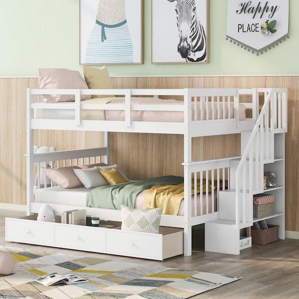 Nestfair White Full-Over-Full Bunk Bed with Drawer, Storage and Guard Rail