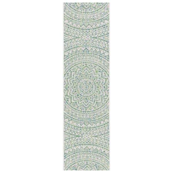 Courtyard Ivory/Green 2 ft. x 14 ft. Medallion Indoor/Outdoor Runner Rug