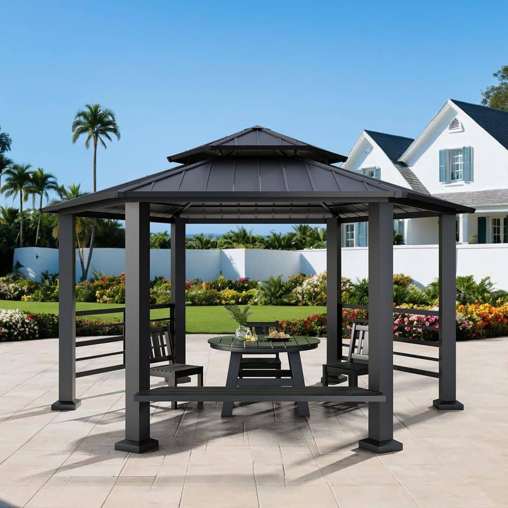 15 ft. x 15 ft. Hardtop Gazebo, Hexagon Metal Patio Gazebo, Double