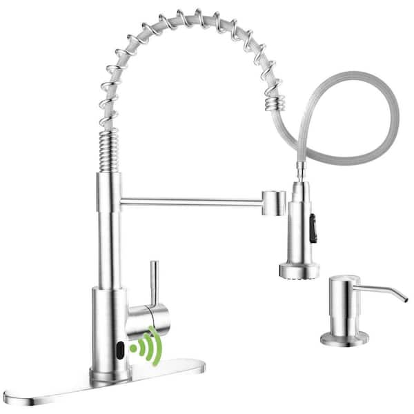 1-Piece Single Handle Smart Faucets in Brushed Nickel, Touchless Kitchen Faucet with Soap Dispenser