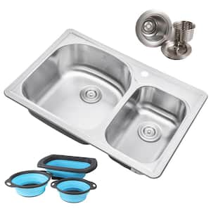 Topmount Drop-In 18-Gauge Stainless Steel 33 in. 1 Hole 70/30 Double Bowl Kitchen Sink w/ Collapsible Silicone Colanders