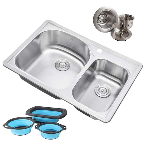 null Topmount Drop-In 18-Gauge Stainless Steel 33 in. 1 Hole 70/30 Double Bowl Kitchen Sink w/ Collapsible Silicone Colanders