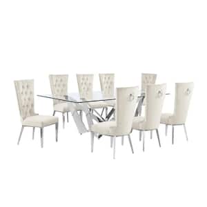Meryl 9-Piece Rectangular Glass Top Stainless Steel Base Dining Set 8 Cream Velvet Fabric Stainless Steel Chair