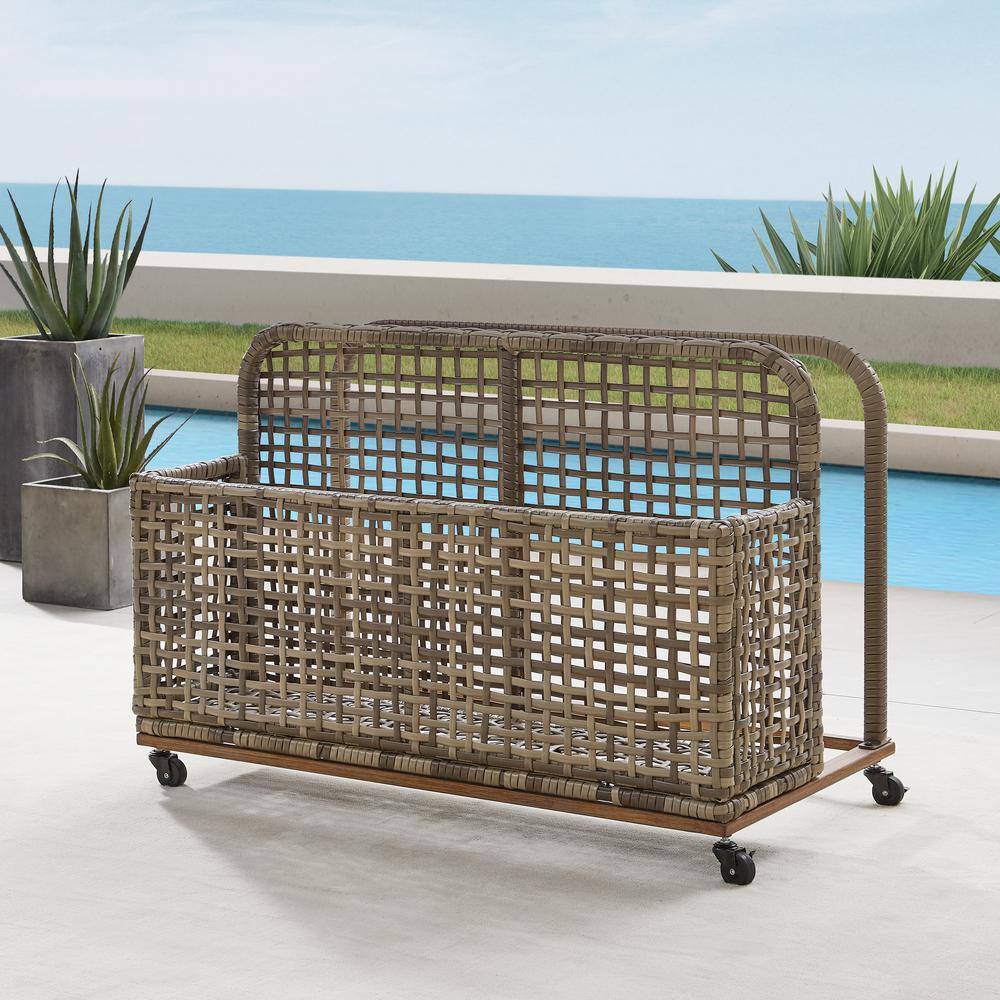 Distressed Gray and Brown Wicker Lockable Deck Box with Wheels