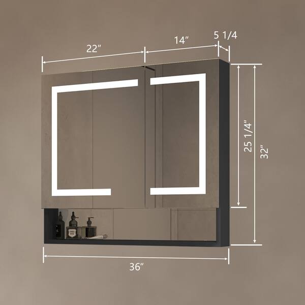 ExBrite 36'' x 32'' LED Lighted Mirror Black Medicine Cabinet with Shelves for Bathroom Recessed or Surface Mount - 36'' x 32