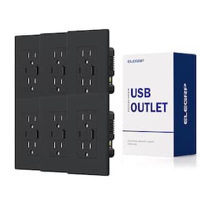 21W USB Wall Outlet with Type A and Type C USB Ports, 15 Amp Tamper Resistant, with Screwless Wall Plate,Black (6 Pack)