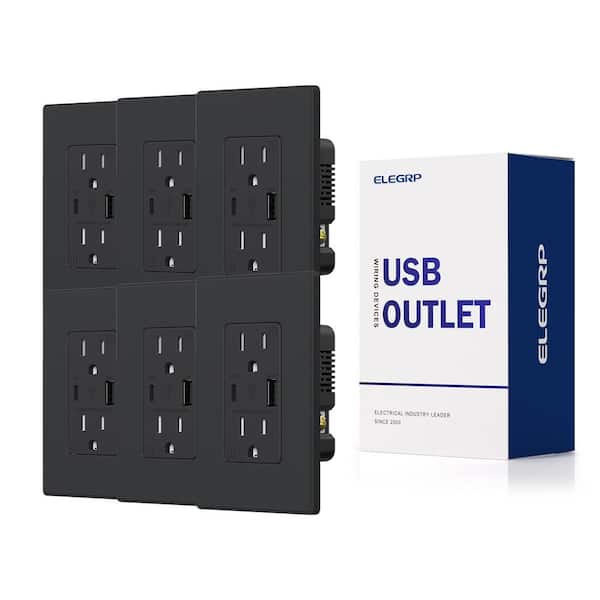 ELEGRP 21W USB Wall Outlet with Type A and Type C USB Ports, 15 Amp Tamper Resistant, with Screwless Wall Plate,Black (6 Pack)